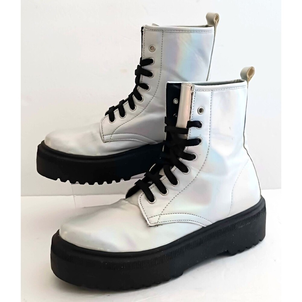 ASOS Silver PCU Platform Lace Up Combat Boot Black Lug Sole Made Italy 39 US 8